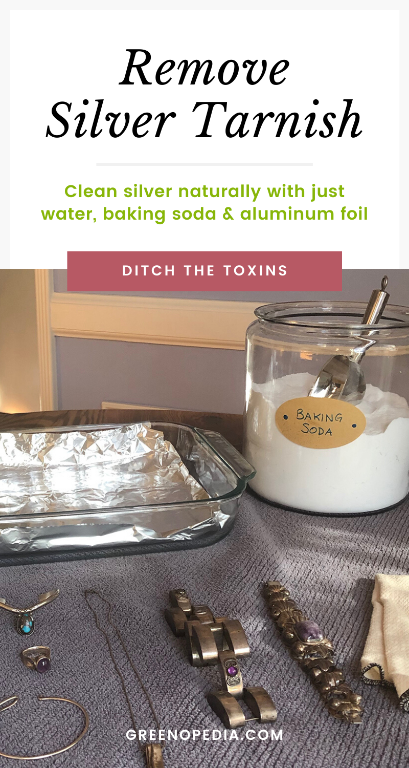 Remove Silver Tarnish Naturally | Skip the toxic silver polish! It's so easy to remove silver tarnish with just baking soda, hot water, and aluminum foil. And it's pretty fun, too.| @greenopedia #naturalsilverpolish #nontoxicsilverpolish #nontoxicsilvercleaner via @greenopedia
